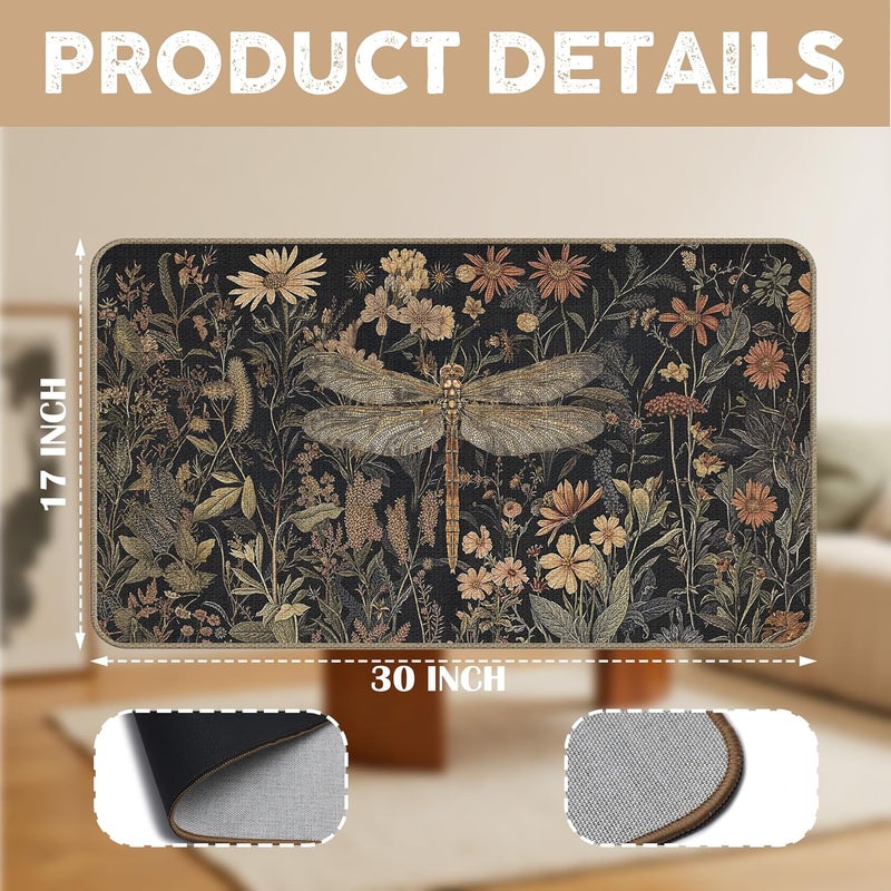 GTYNU Moody Floral Dragonfly Door Mat 17 x 30,Dark Cottagecore Botanical Dragonfly Doormat Gifts for Women,Funny Decorative Outdoor Mats for Front Door - Image 3